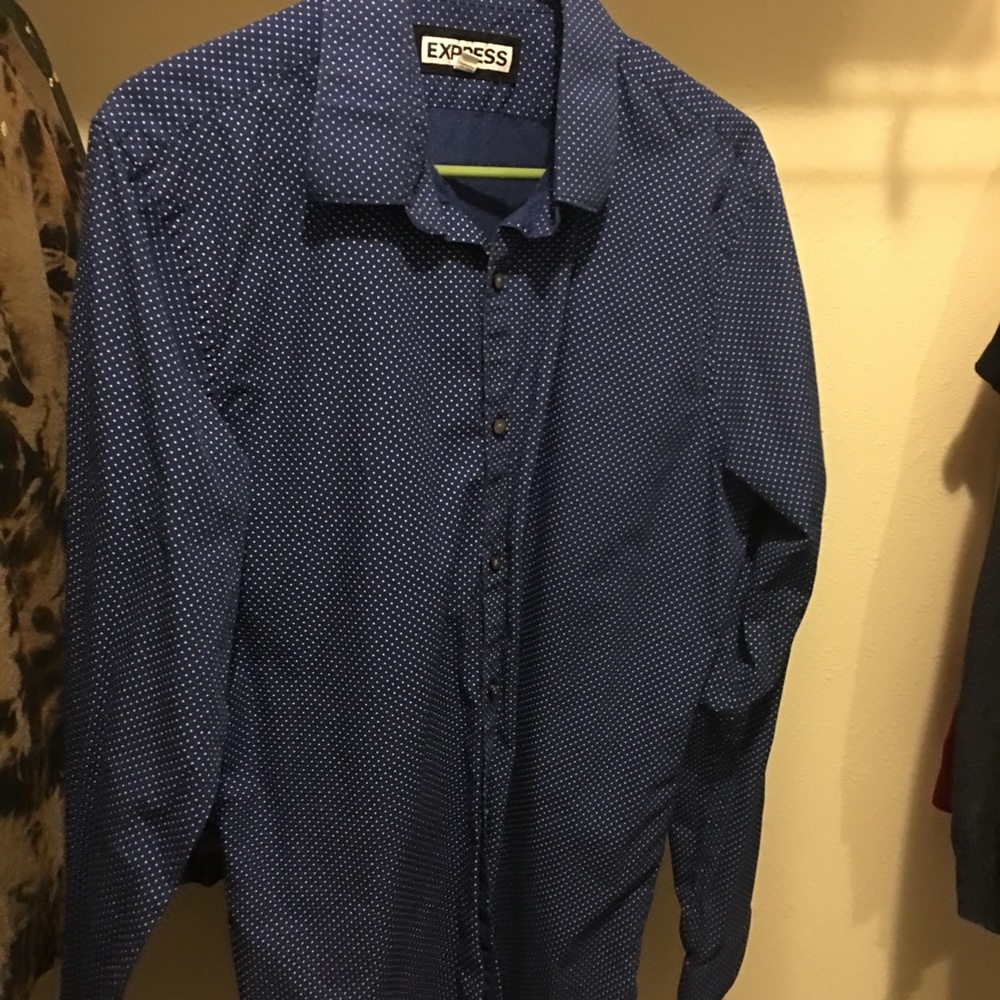 Express Blue Dotted Slim Fit Button Down Shirt